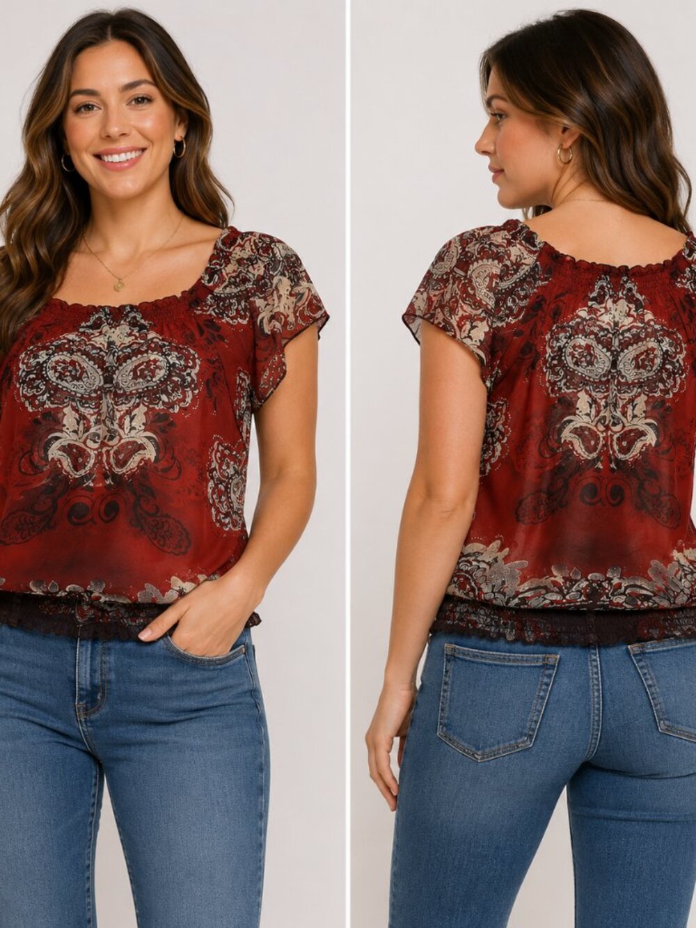 Ricki’s Size 6 Red Paisley Smocked Waist Short Sleeve Blouse Top
